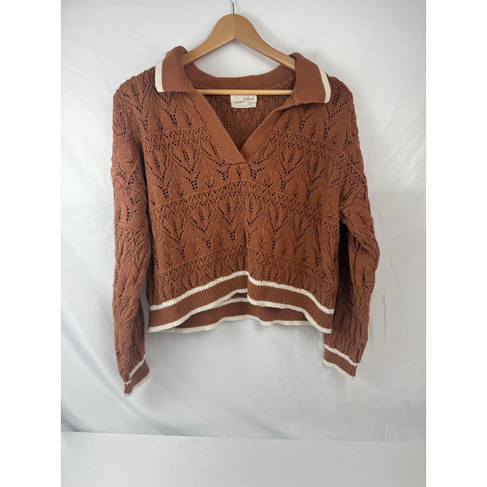 Universal Thread Size L Rust Pointelle Knit Collared Sweater Cotton Pullover #mc